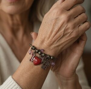 I Love Grandma Silver Tone Cuff Bangle Bracelet Red Heart Pink Beads Gift